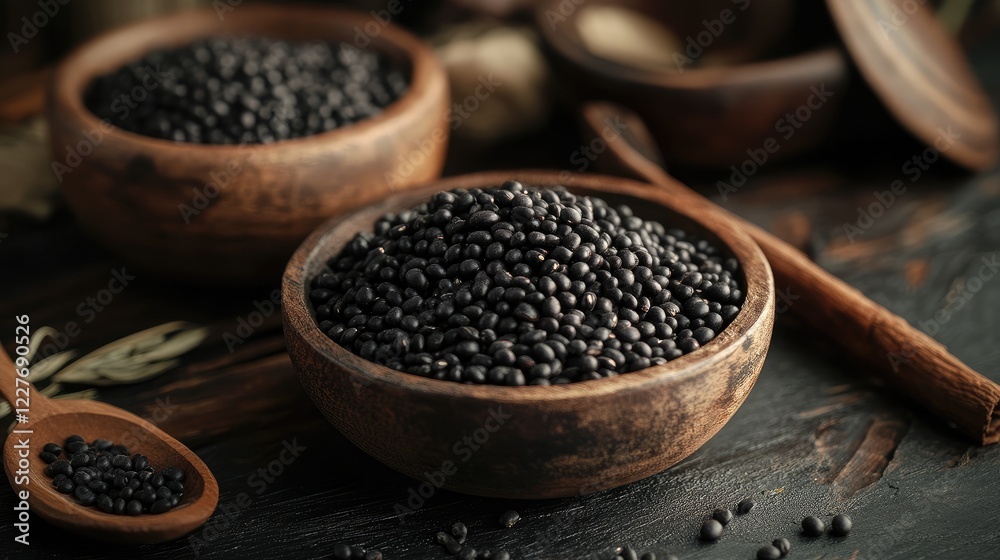 Organic Dried Black Beans in Rustic Bowls Ready for Cooking Natural Food Ingredients Healthy Eating Organic Dried Black Beans in Rustic Bowls Ready for Cooking Natural Food Ingredients Healthy Eating