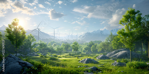 Landscape with wind turbines and green energy in the mountains

