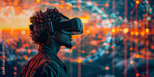 Person using virtual reality headset with futuristic digital background
