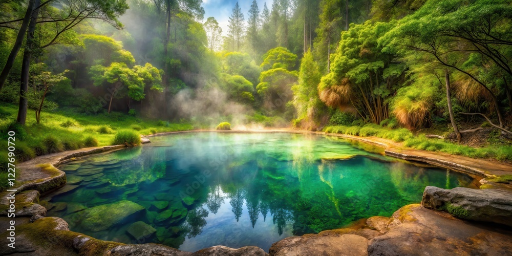 Fototapeta premium A serene natural hot spring surrounded by a verdant forest in a vast wilderness area, nature therapy, nature