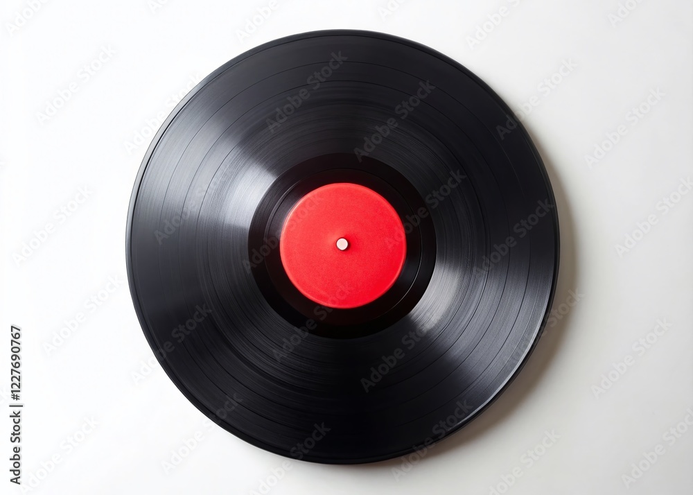 Black Vinyl Record with Red Label on White Background - Minimalist Music Photography Black Vinyl Record with Red Label on White Background - Minimalist Music Photography