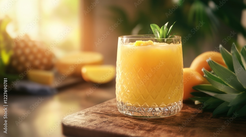Refreshing pineapple juice in a crystal glass surrounded by fresh ripe pineapples and slices on a wooden table in natural light. Refreshing pineapple juice in a crystal glass surrounded by fresh ripe pineapples and slices on a wooden table in natural light.