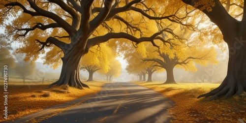 Golden-yellow leaves scatter the ground under a majestic oak tree near the winding road, oak, fall, countryside