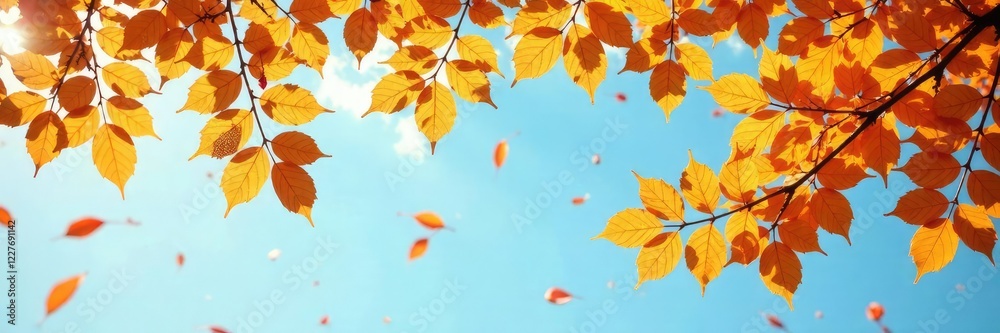 Golden leaves fall from tree branches under blue sky, leaves, autumn Golden leaves fall from tree branches under blue sky, leaves, autumn