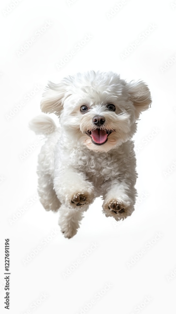 Fluffy white dog leaps with joyful expression, eyes sparkling of overjoy and happiness, playfulness nature against white studio background. Fluffy white dog leaps with joyful expression, eyes sparkling of overjoy and happiness, playfulness nature against white studio background.