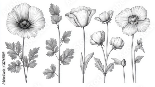 Black and white illustration of poppies and foliage. Detailed botanical drawing with varying stages of bloom. Simple, elegant style. Ideal for floral