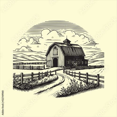 hand-drawn farm and ranch landscape photo