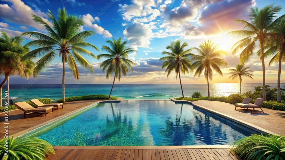 Fototapeta premium Seaside resort with a pool surrounded by palm trees and a stunning ocean view, summer fun, water sports, seaside, resort
