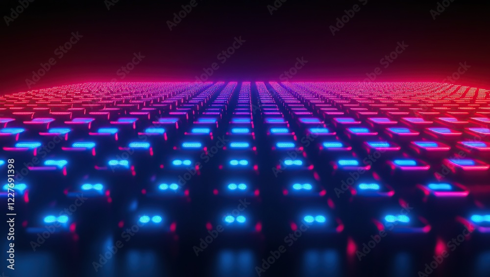 Obraz premium A grid of glowing buttons on the keyboard, glowing in blue and red colors