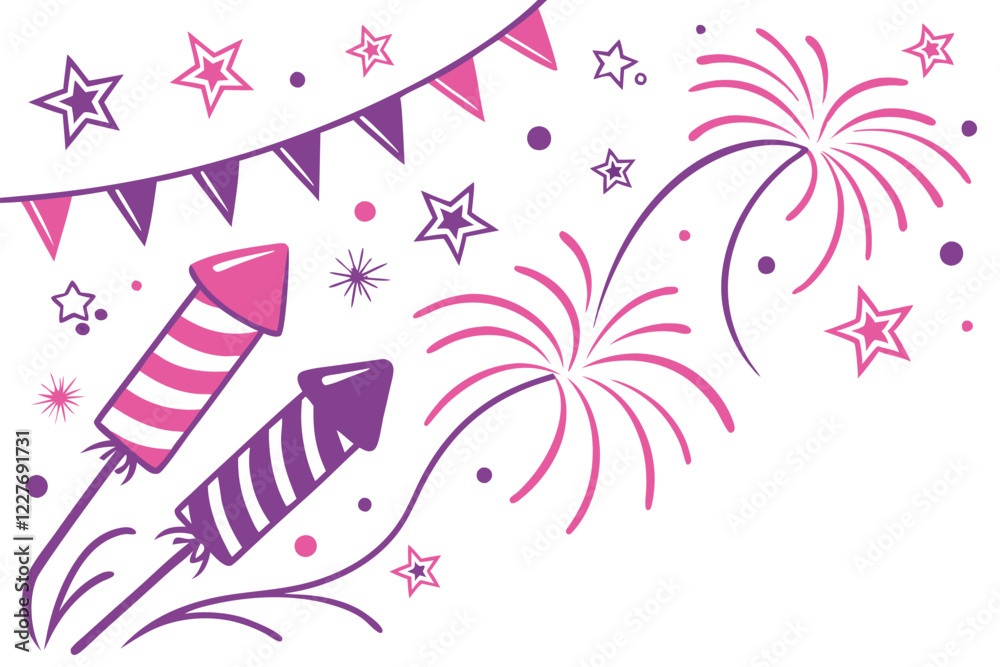 Fototapeta premium Festive celebration border, colorful fireworks, rocket firecrackers, sparkles, confetti, stars, pink and purple color scheme, white background, party decorations, abstract festive elements, 2D illustr