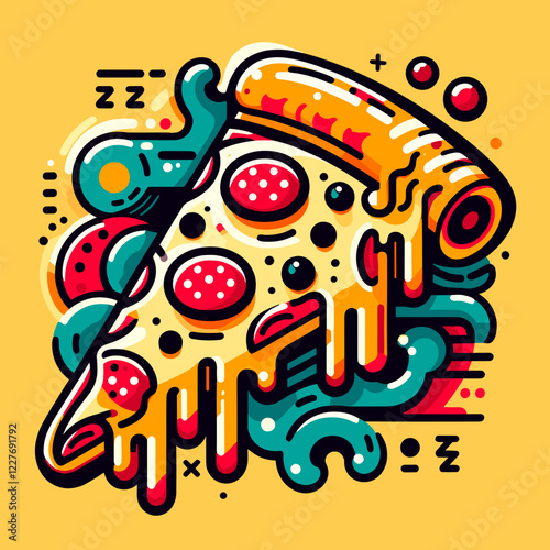 Vibrant illustration of a cheesy pizza slice topped with pepperoni and colorful toppings on a yellow background for food concept