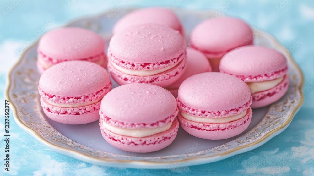 Delicate pink macarons beautifully arranged on an elegant plate with a soft blue background for a charming dessert display. Delicate pink macarons beautifully arranged on an elegant plate with a soft blue background for a charming dessert display.