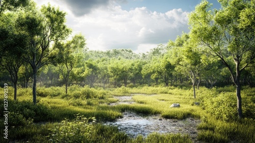 Lush green landscape showcasing tree planting for environmental restoration and biodiversity in a serene natural setting with clear skies.