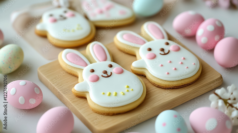 Cute bunny-shaped cookies on a wooden tray surrounded by colorful Easter eggs Cute bunny-shaped cookies on a wooden tray surrounded by colorful Easter eggs