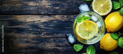 Refreshing lemonade with ice and lemon on a rustic wooden table summer drink with mint leaves and empty space for text or branding photo