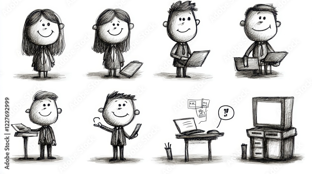 Collection of eight monochrome illustrations depicting stylized cartoon characters engaged in various activities, set against a plain white Collection of eight monochrome illustrations depicting stylized cartoon characters engaged in various activities, set against a plain white