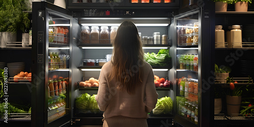 Woman looking at neatly organized refrigerator with fresh food and drinks
