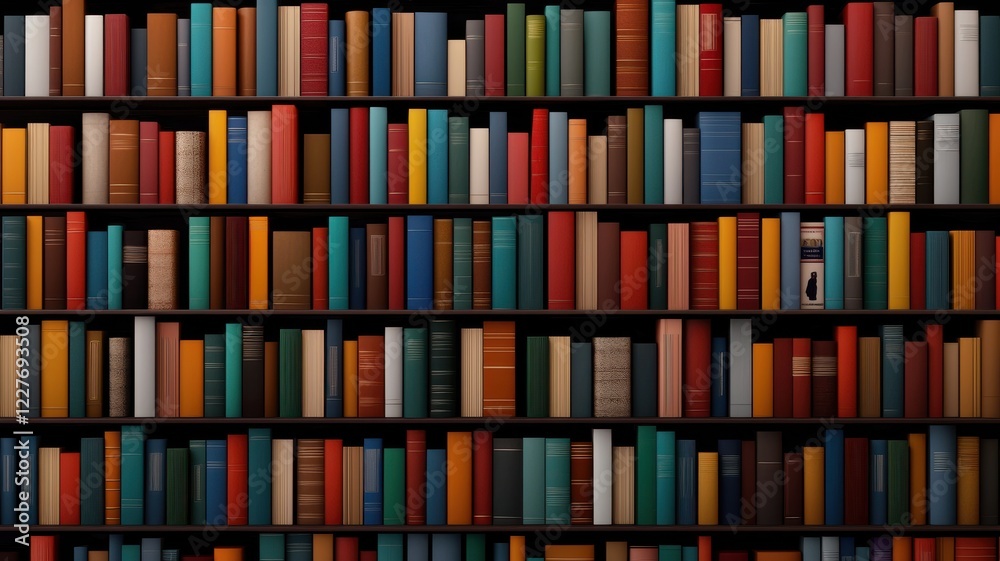 A vibrant bookshelf filled with an array of colorful books, showcasing various sizes and styles, creating a visually appealing literary display. A vibrant bookshelf filled with an array of colorful books, showcasing various sizes and styles, creating a visually appealing literary display.