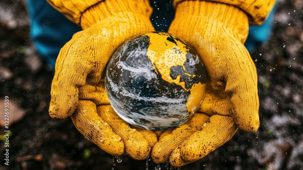 Dirty hands in yellow gloves gently hold a glass globe with water dripping. Dirty hands in yellow gloves gently hold a glass globe with water dripping.