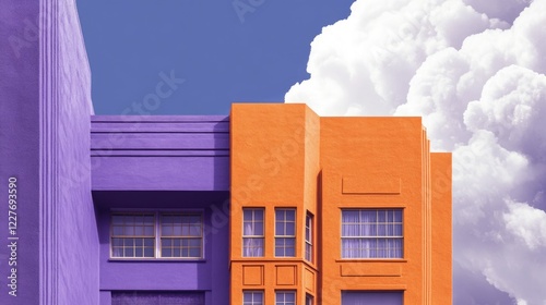 Art Deco Mansion Facade in Vibrant Orange and Purple with Windows and Garage Against Dramatic Cloudy Sky Ideal for Text Overlay
