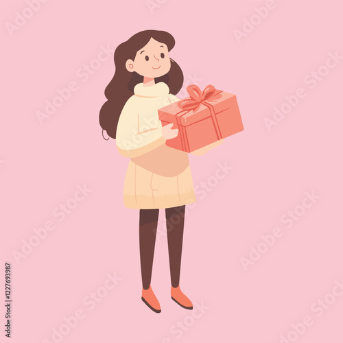 girl holding a gift with a smile on her face vector illustration 