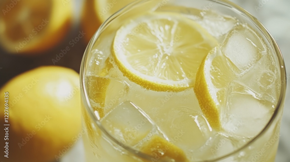 Freshly made lemonade with ice cubes and lemon slices in a glass surrounded by whole lemons. Perfect for summer refreshment.