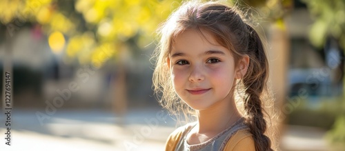 Young Girl Smiling Outdoors in Public Space with Natural Light and Empty Space for Text During Post-Pandemic Era