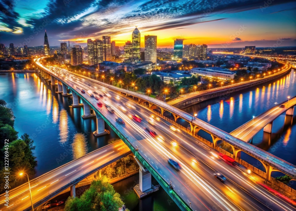 Fototapeta premium Aerial bokeh captures Jackson Street Bridge's nighttime traffic flow, city lights twinkling below.