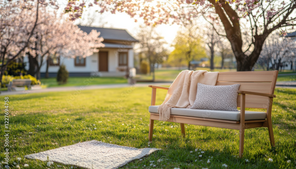 cozy wooden bench with cushions under cherry blossoms in sunny garden cozy wooden bench with cushions under cherry blossoms in sunny garden