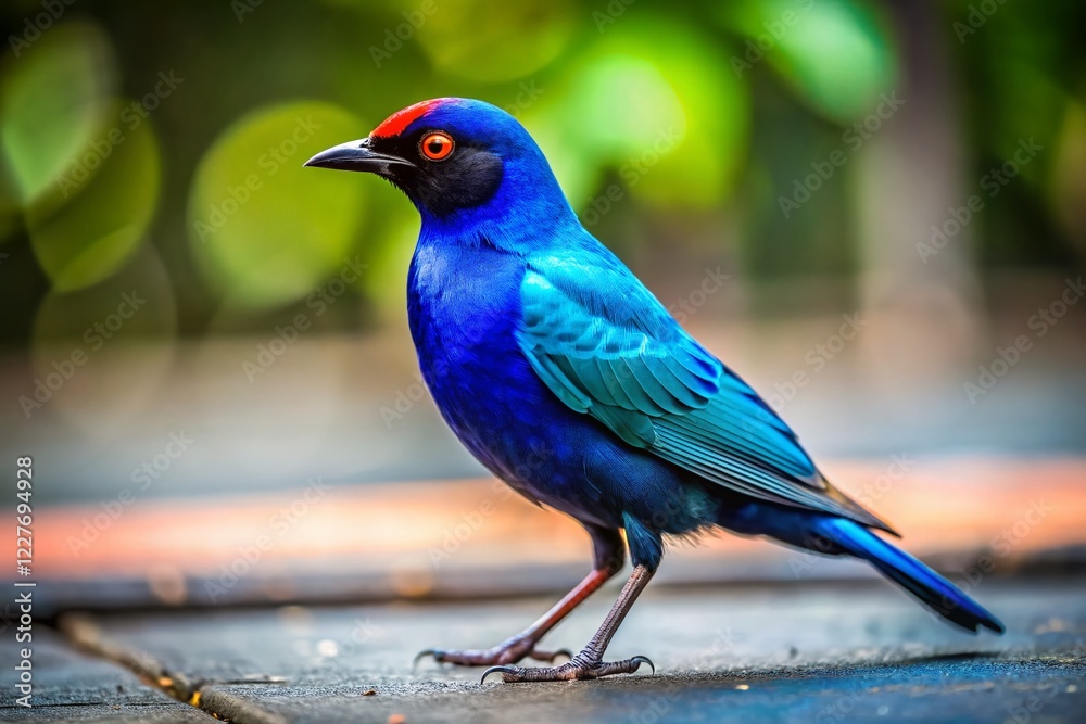 Obraz premium Blue Black Bird Red Beak Sidewalk Tilt-Shift Photo