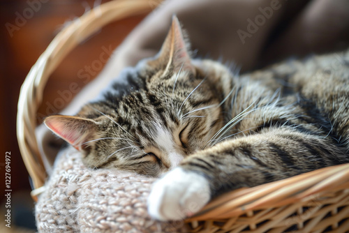 A cat in a wicker basket, asleep with a serene expression. photo