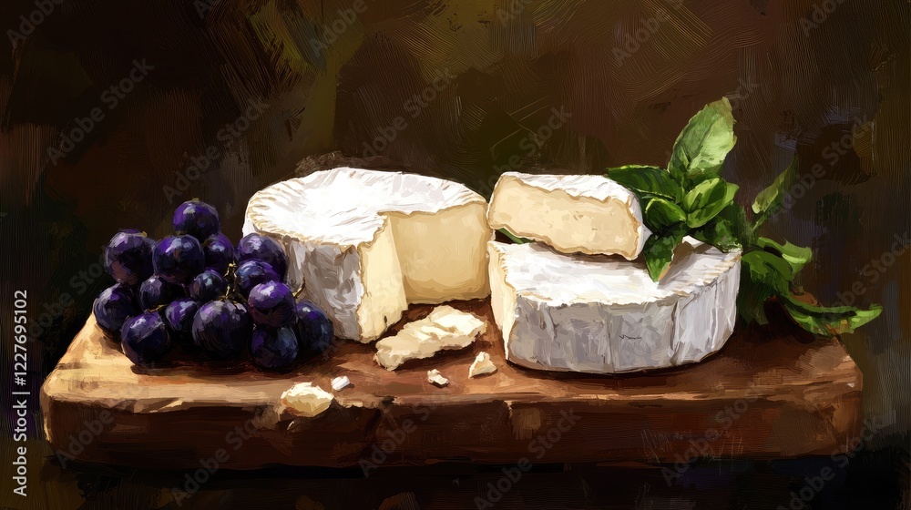 Organic Semi-Soft Camembert and Brie Cheese with Grapes on Wooden Board Gourmet Platter Organic Semi-Soft Camembert and Brie Cheese with Grapes on Wooden Board Gourmet Platter