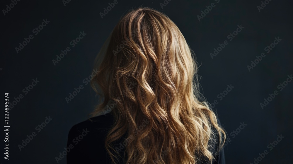 Fototapeta premium Young fashionable model showcasing long wavy blonde hair from the rear against a dark background highlighting hair texture and style.
