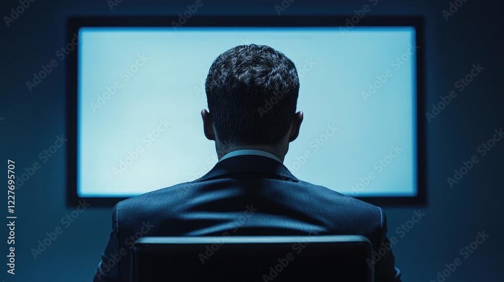 Businessman in suit sitting in front of a blank screen in a dark room contemplating future decisions and strategies for success. Businessman in suit sitting in front of a blank screen in a dark room contemplating future decisions and strategies for success.