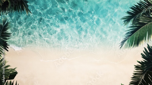 Tropical beach with clear blue waters and white sands perfect for vacation themes featuring ample empty space for text and design elements photo