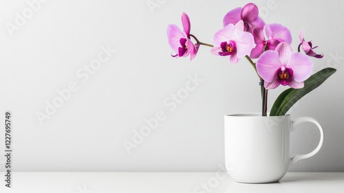 Wallpaper Mural Orchids in a white mug with a minimalist design perfect for text placement and floral decoration in a bright setting. Torontodigital.ca
