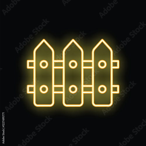 Bright yellow neon sign depicting a simple wooden fence, perfect for representing concepts of boundaries, security, or privacy