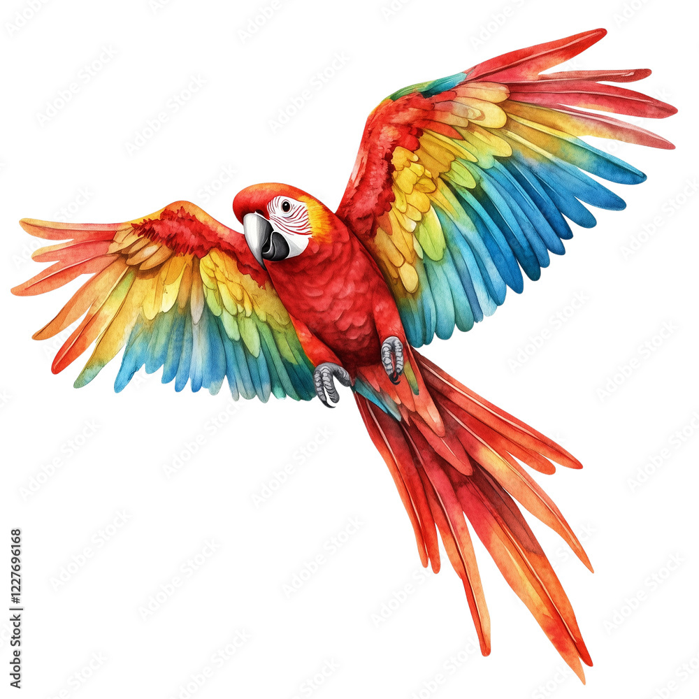 Fototapeta premium Colorful Macaw Soaring Through the Sky Showcasing Vibrant Plumage in a Tropical Paradise
