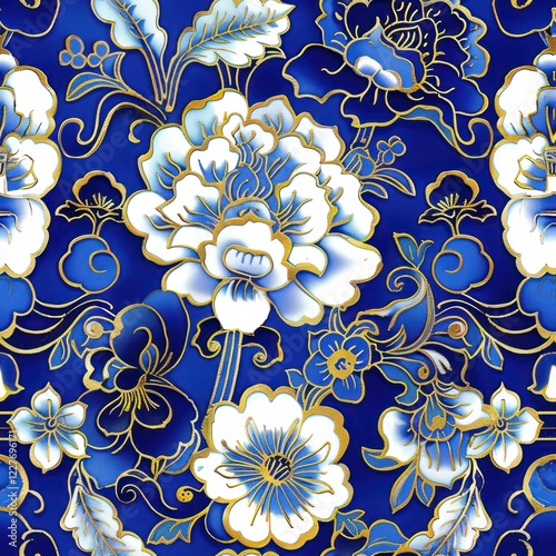 chinese cloisonne blue white gold detailed ray tracing seamless pattern tile ceramics craft art deco glossy cultures photography horizontal pottery backgrounds flower