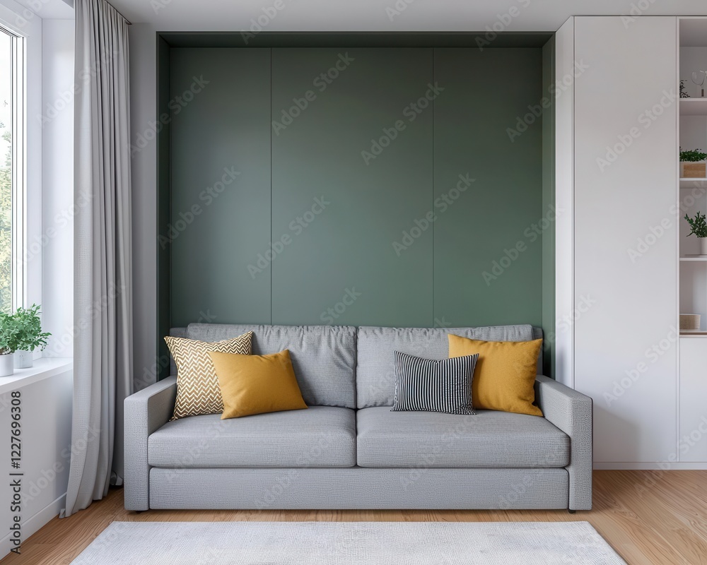 Fototapeta premium Convertible living room with a folddown bed, modular sofa, and retractable partition, perfect for small apartments