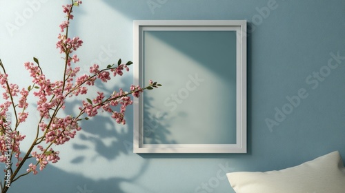 Elegant photo frame mockup with blossoming flower buds against a soft blue wall, perfect for showcasing artwork or personal photos. photo