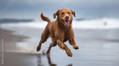 Lively brown dog in mid-leap while running along wet, reflective beach coast. Mouth open in expression of joy, tongue slightly out.