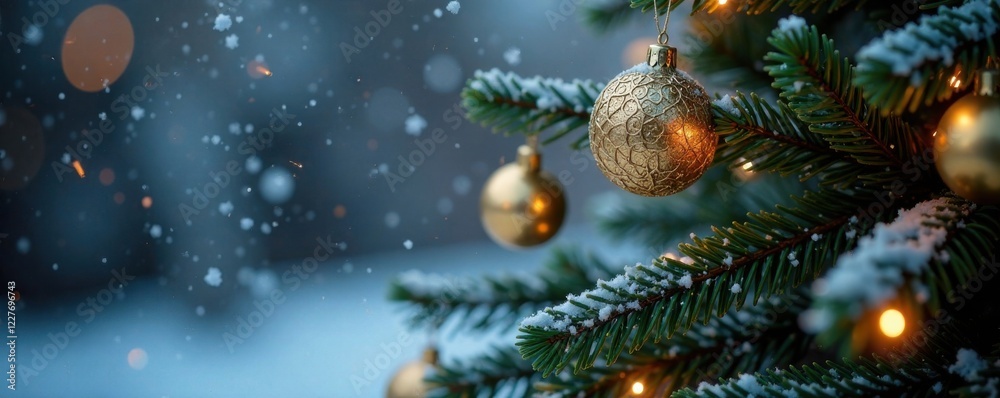 Obraz premium Snowflakes falling on a Christmas tree, snowflakes, Christmas tree, winter