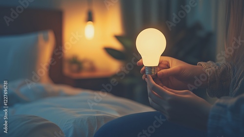 bedroom lighting design, woman holding a glowing light bulb in a cozy bedroom, concept for interior lighting, home comfort, or energy efficiency photo