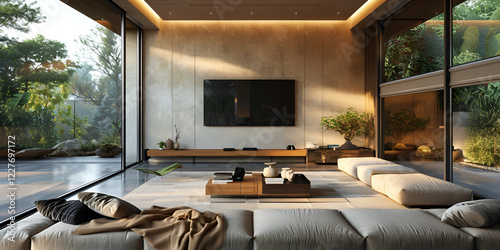 Interior of stylish modern living room with large windows and cozy furniture
