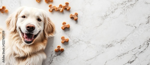 Happy Golden Retriever Dog with Bone Treats on Marble Surface in Pet Diet Concept with Space for Text photo