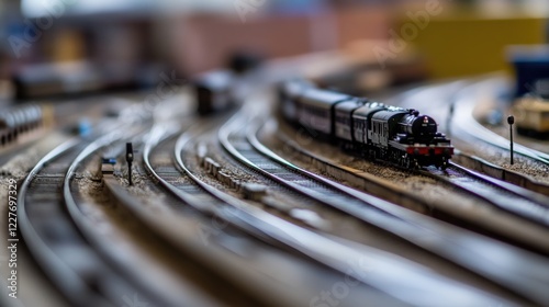 Scene of a model railway setup. Featuring model trains, tracks, and scenery. Highlighting the intricacy of model railway design. Ideal for hobbyist and model train blogs. photo