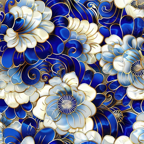 chinese cloisonne blue white gold detailed ray tracing seamless pattern tile ceramics craft art deco glossy cultures photography horizontal pottery backgrounds flower