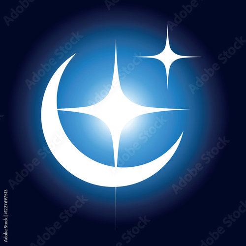 Bright crescent moon and stars on a glowing blue background, representing celestial beauty, cosmic energy, and the mysteries of the night sky. A magical icon for astrology and dreamlike aesthetics