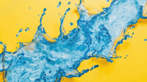 Vibrant blue water splashes creating dynamic patterns against a bright yellow background capturing energy and freshness.